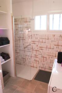 a bathroom with a shower with a glass wall at Aux portes de la Camargue in Jonquières-et-Saint-Vincent