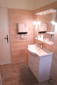 a bathroom with a sink and a mirror at Aux portes de la Camargue in Jonquières-et-Saint-Vincent