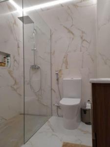 a bathroom with a toilet and a glass shower at Casa das Mélias in Quarteira