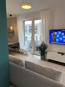 sala de estar con sofá y TV de pantalla plana en Luxury Flat in Brno GreeN SoHo, en Husovice