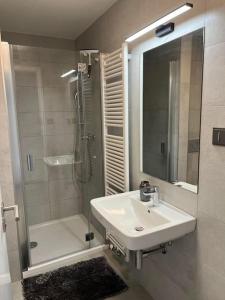 y baño con lavabo, ducha y espejo. en Luxury Flat in Brno GreeN SoHo, en Husovice
