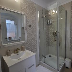 een badkamer met een wastafel en een douche bij Casa centru vechi sibiu in Sibiu