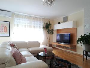 a living room with a white couch and a tv at Magic Eden Rijeka in Rijeka