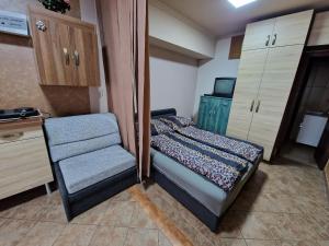 デブレツェンにあるSplendor apartmanのベッドと椅子付きの小さな部屋です。