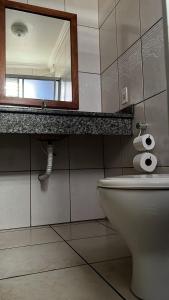 a bathroom with a sink and a toilet and a mirror at Hotel Germânia Nova Veneza in Nova Veneza