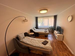 een woonkamer met een bank en een tv bij Modern city center apartment in Sigulda