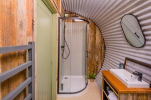 bagno con lavandino, doccia e specchio di Killarney Glamping at the Grove, Suites and Lodges a Killarney Altre 37 foto
