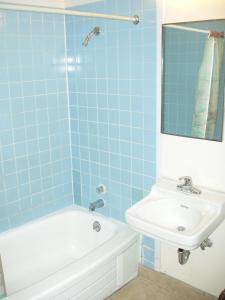 een badkamer met een bad, een wastafel en een spiegel bij Towne and Country Motel in Newberg