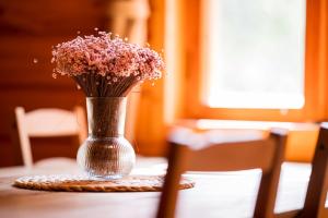 um vaso de flores sentado em cima de uma mesa em Chata Pod Desenským vrchem em Desná