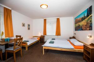 een slaapkamer met 2 bedden, een bureau en een tafel bij Penzion Avionika in Kovářská