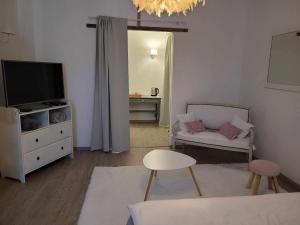 ein Wohnzimmer mit einem Sofa und einem TV in der Unterkunft Chambre d'hôte in Revel