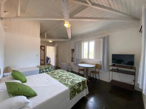 1 dormitorio con 2 camas, mesa y TV en Pousada dos Tangarás, en Búzios