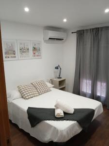 Apartamento Madreselva 36 في غرناطة: غرفة نوم بسرير وبطانية بيضاء وسوداء