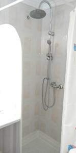 a shower with a shower head in a bathroom at Andros Lighthouse Apartments in Mesariá +40 photos