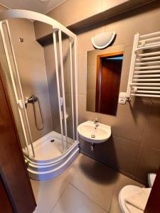 ein kleines Bad mit einem Waschbecken und einer Dusche in der Unterkunft Apartamenty Mesa Grill Restaurant Cafe in Dźwirzyno