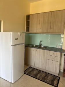 a kitchen with a white refrigerator and a sink at Sunset Apartment in Vonitsa