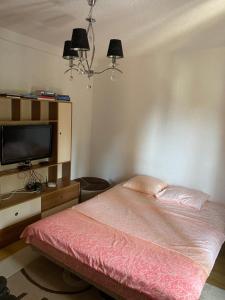 Schlafzimmer mit einem Bett und einem Flachbild-TV in der Unterkunft Ralin Apart in Prizren