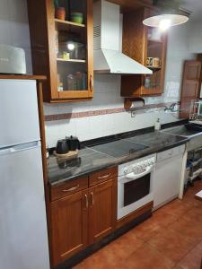 cocina con armarios de madera y horno de fogón blanco en Casa Rural La Pumarada de Limés, en Cangas del Narcea