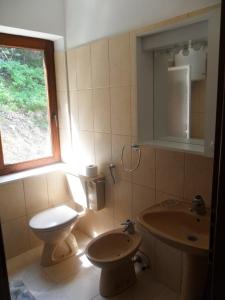 uma casa de banho com um WC, um lavatório e uma janela em Mar Eva Apartment em Rab