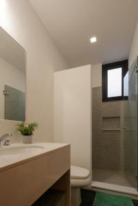 een badkamer met een wastafel, een toilet en een douche bij SUITES EVERNESS in Guadalajara