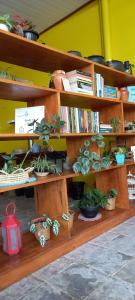 ein Bücherregal mit Pflanzen und Büchern darauf in der Unterkunft Casa da Vila - Hospedaria - 3 min do centrinho de Alter in Alter do Chao