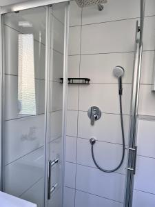 um chuveiro com uma porta de vidro na casa de banho em Sophie Flair Apartment em Karlsruhe