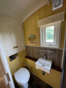 a bathroom with a toilet and a sink and a window at The Old Post Office - Luxurious Shepherds Hut 'Far From the Madding Crowd' based in rural Dorset. in Todber