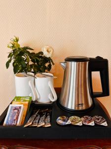 Hotel Wildbach Brienz في برينز: صينية مع غلاية الشاي ونبات الفخار