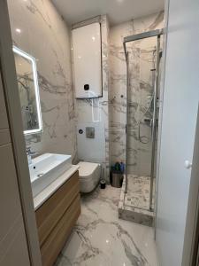 a bathroom with a toilet and a sink and a shower at Newly Renovated Suite in the Center of Cannes in Cannes