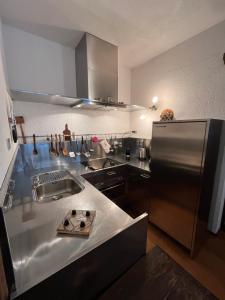 una cucina con lavandino e frigorifero in acciaio inossidabile di Da Gabriella a Courmayeur