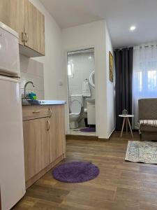 uma cozinha e sala de estar com um lavatório e um frigorífico em Demiri Rr em Ulcinj