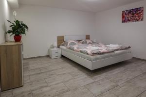 een slaapkamer met een bed en een houten vloer bij Apartment For You in Bled