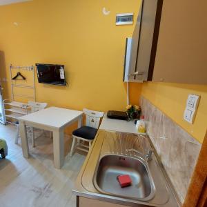 a kitchen with a sink and a table at Apartman Lara in Kruševac