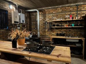 cocina con fogones y encimera de madera en Chalé Monte Sião en Urubici