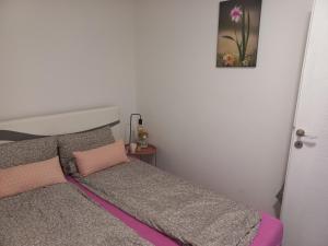 Dormitorio pequeño con cama con almohadas rosas y grises en Sarajevo - Baščaršija Apartments KIM, en Sarajevo