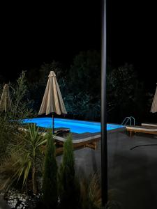 una piscina por la noche con sombrilla en Hotel Restaurant Natyra e Qetë, en Lezhë