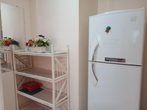 a kitchen with a white refrigerator and a shelf with flowers at PEQUEÑO y ACOGEDOR DEPARTAMENTO CON GARAJE y recibe PEQUEÑOS PELUDITOS in Santa Cruz de la Sierra