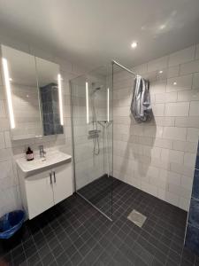 een badkamer met een douche, een wastafel en een glazen douchecabine bij Furuvägen 11 D in Ullared