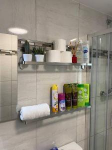 a bathroom with a shelf with toiletries and towels at City Centre Studio Apartment in Dublin