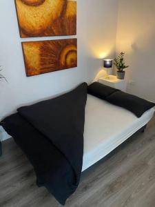 - un lit blanc avec des oreillers noirs dans l'établissement City Centre Studio Apartment, à Dublin
