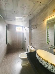 ein Badezimmer mit einem WC, einem Waschbecken und einer Badewanne in der Unterkunft Hùng Trang Hotel Tam Đảo 1 in Tam Ðảo