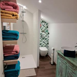 een badkamer met een wastafel, een toilet en handdoeken bij L'Atelier Gîte-Loft 6/8 pers in Pontlevoy