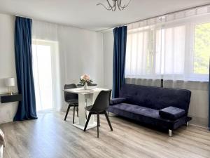 ein Wohnzimmer mit einem Sofa und einem Tisch in der Unterkunft Sophie Superior Apartment in Karlsruhe