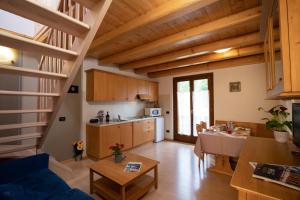 Apartament obejmuje kuchnię i salon z drewnianymi sufitami. w obiekcie Residence Panorama w mieście Val di Zoldo