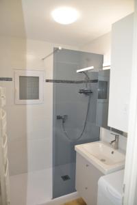 La salle de bains est pourvue d'une douche et d'un lavabo. dans l'établissement Appartement 2 pièces RDC jardin dans résidence avec piscine, à Arzon