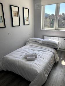 a white bed in a bedroom with two windows at Lovely Studio in Dublin City Centre in Dublin