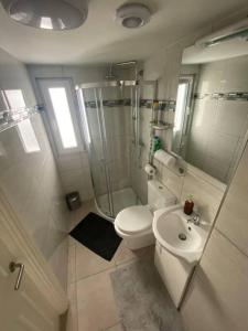 een badkamer met een toilet, een douche en een wastafel bij Lovely Studio in Dublin City Centre in Dublin