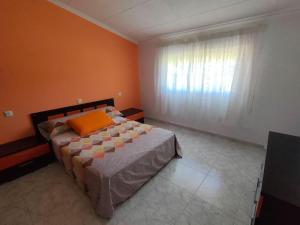 1 dormitorio con 1 cama con pared de color naranja en Alquiler vacacional. A de Casas, en Sanxenxo