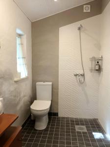 łazienka z toaletą i prysznicem w obiekcie Sallimeister Linda külalistemaja. w mieście Haapsalu