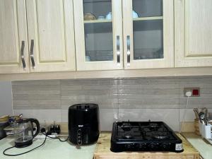 a kitchen counter top with a stove and cabinets at Cozy Haven furnished apartments in Kampala